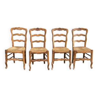 4 Louis XV chairs in solid blond oak and straw wood with shell sculptures