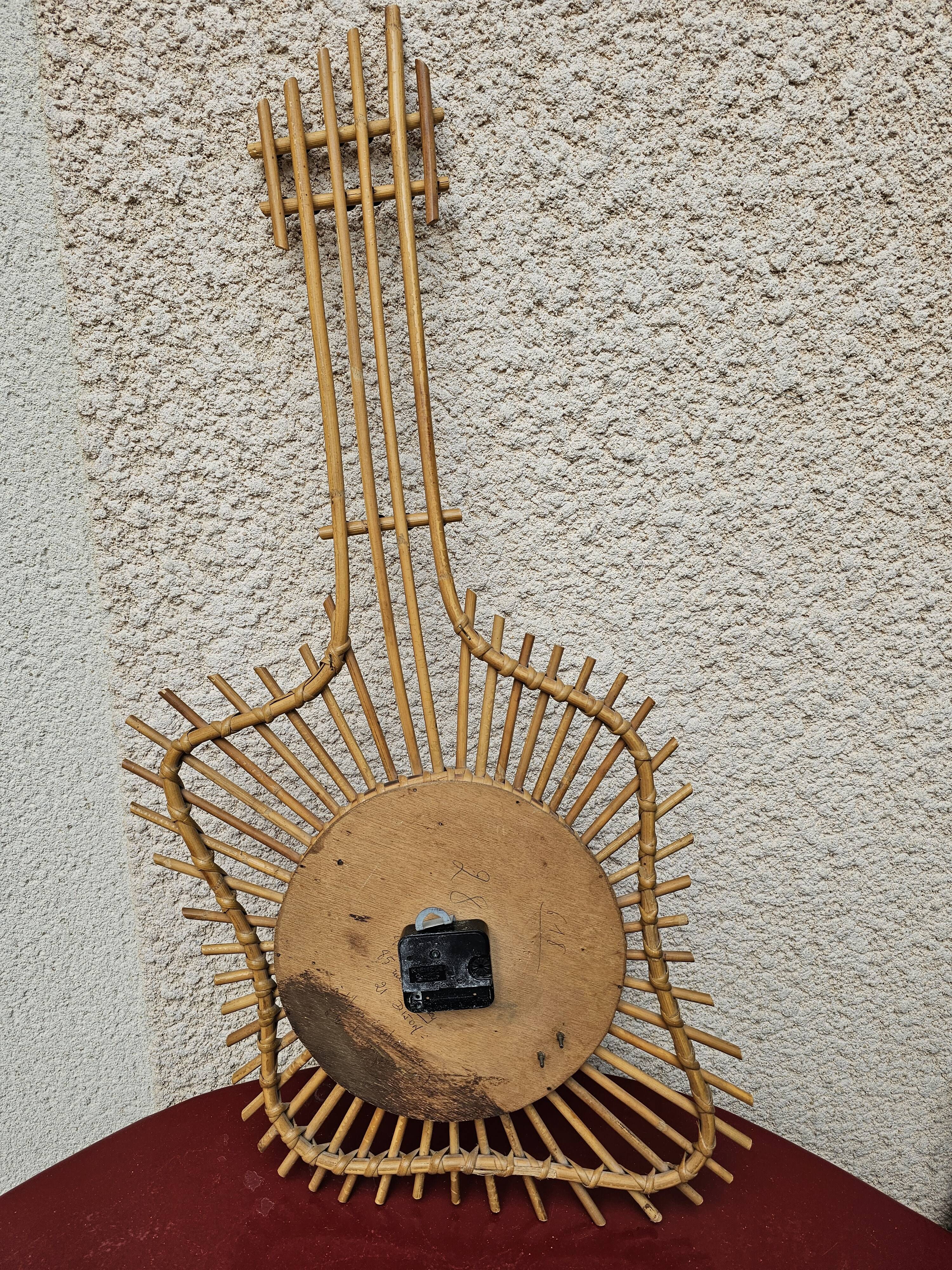 Vintage decorative wall clock Guitar in rattan bohemian style 77 cm - 1970s
