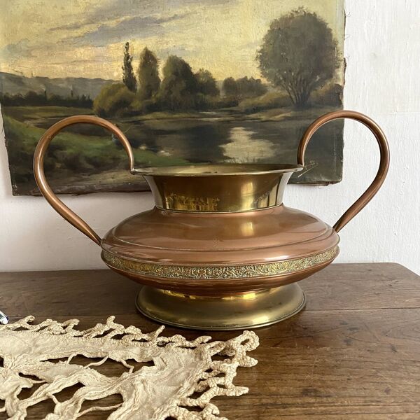 Grande amphore ou  jardinière vintage en cuivre et laiton