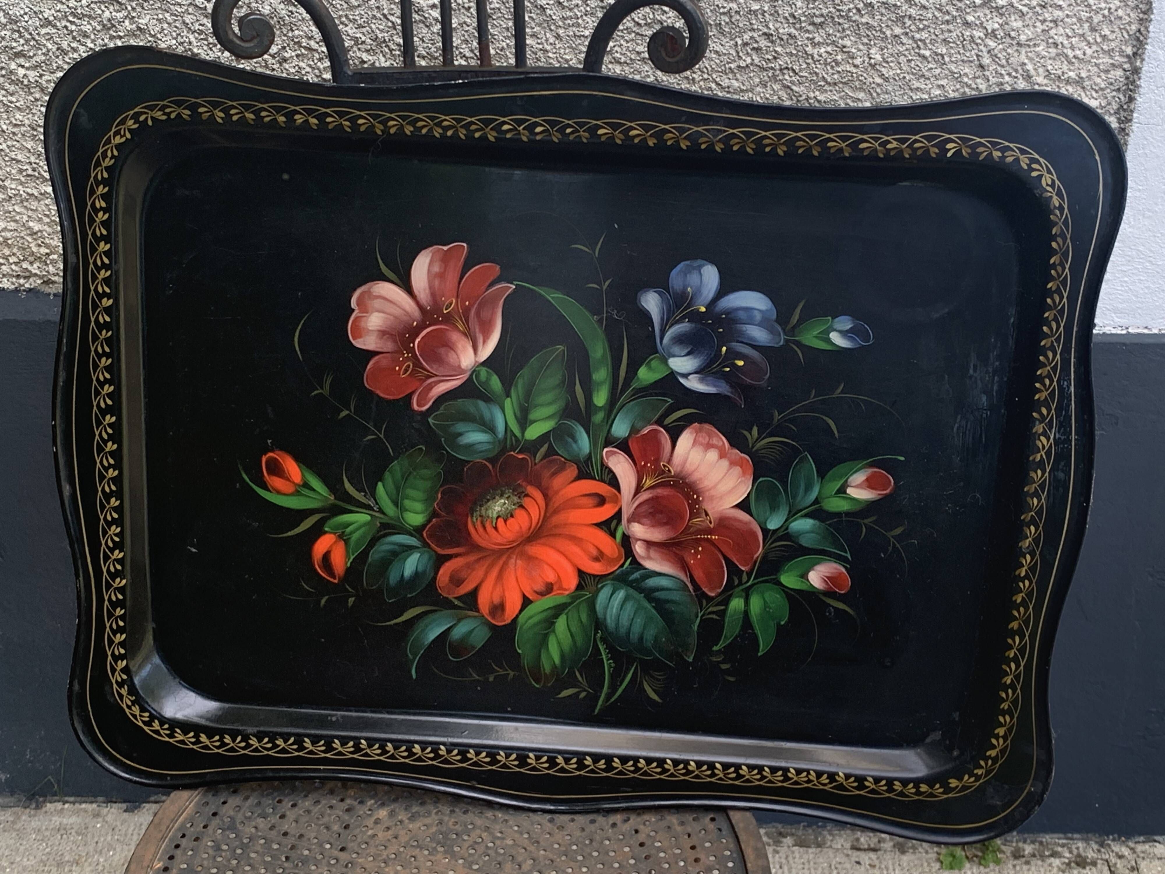 Black rectangular platter with hand-painted flowers, vintage and bohemian.