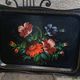 Black rectangular platter with hand-painted flowers, vintage and bohemian.
