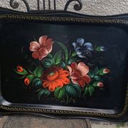 Plateau rectangulaire noir fleurs peintes à la main vintage et bohème