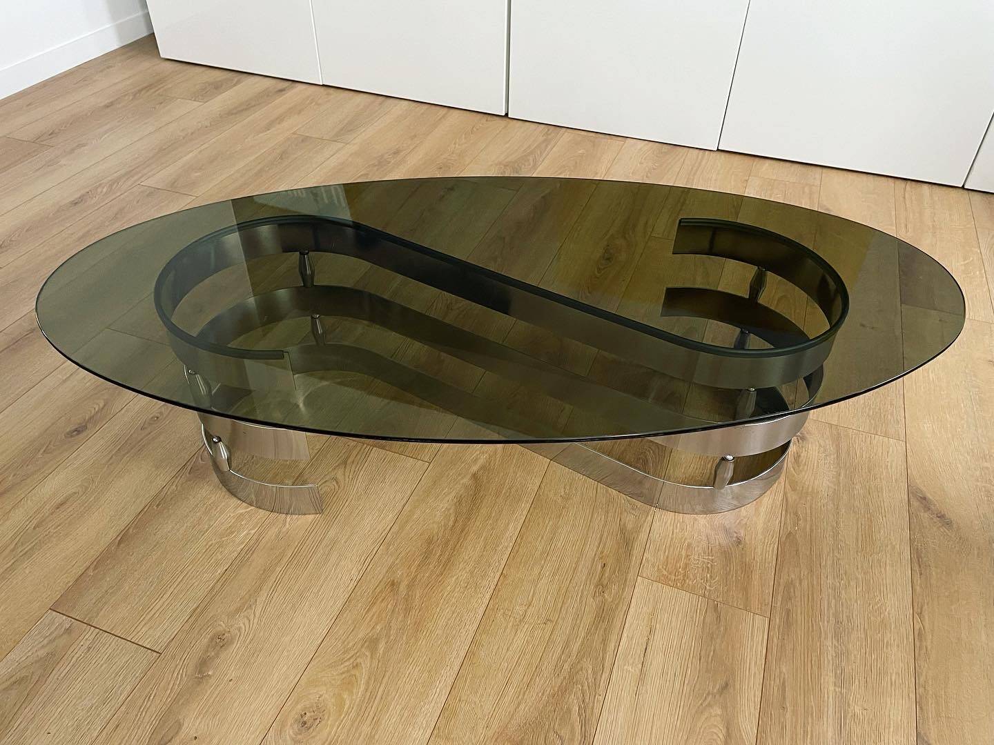 1970s coffee table in smoked glass and aluminum