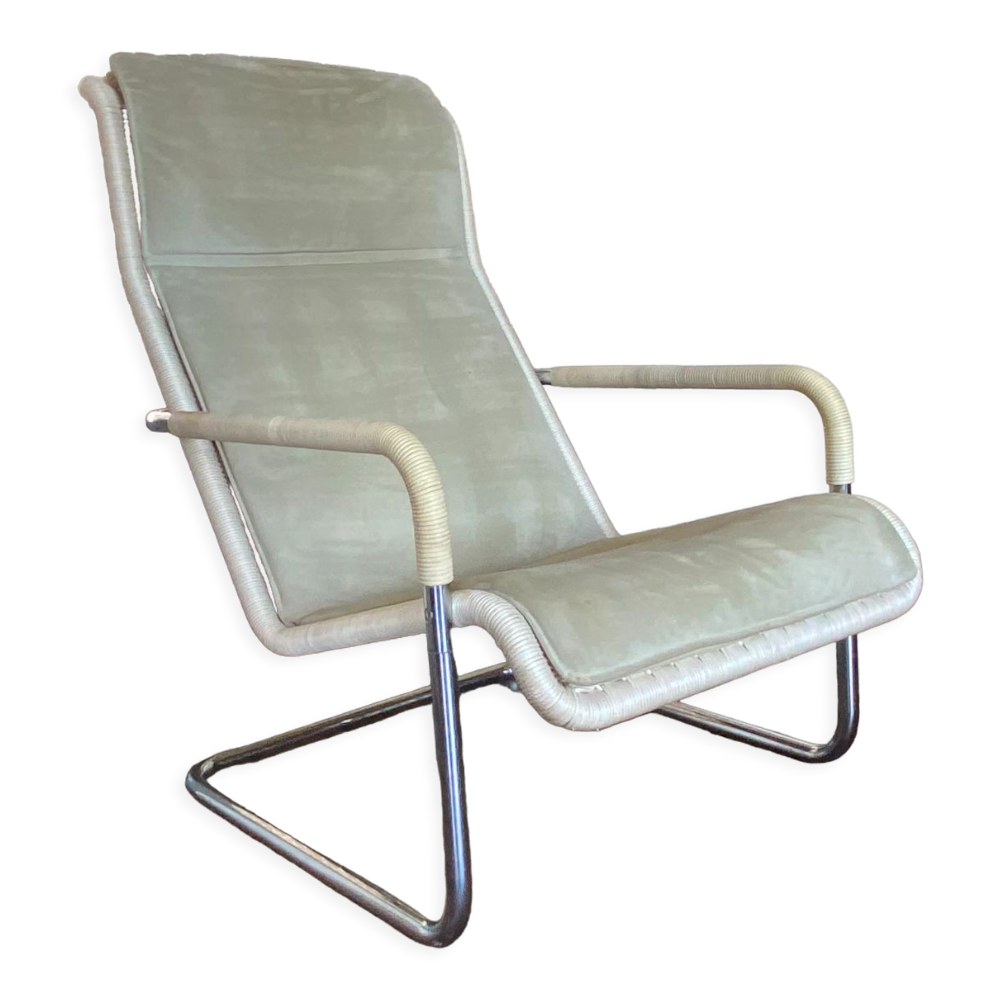 Vintage modernist chromed tubular steel, rattan & leather easy chair