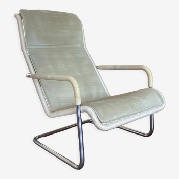 Vintage modernist chromed tubular steel, rattan & leather easy chair