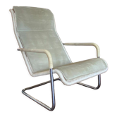 Vintage modernist chromed tubular steel, rattan & leather easy chair