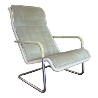 Fauteuil vintage moderniste en tube d'acier chromé, rotin et cuir