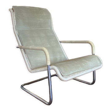 Vintage modernist chromed tubular steel, rattan & leather easy chair