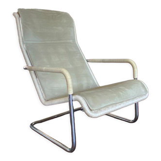 Vintage modernist chromed tubular steel, rattan & leather easy chair