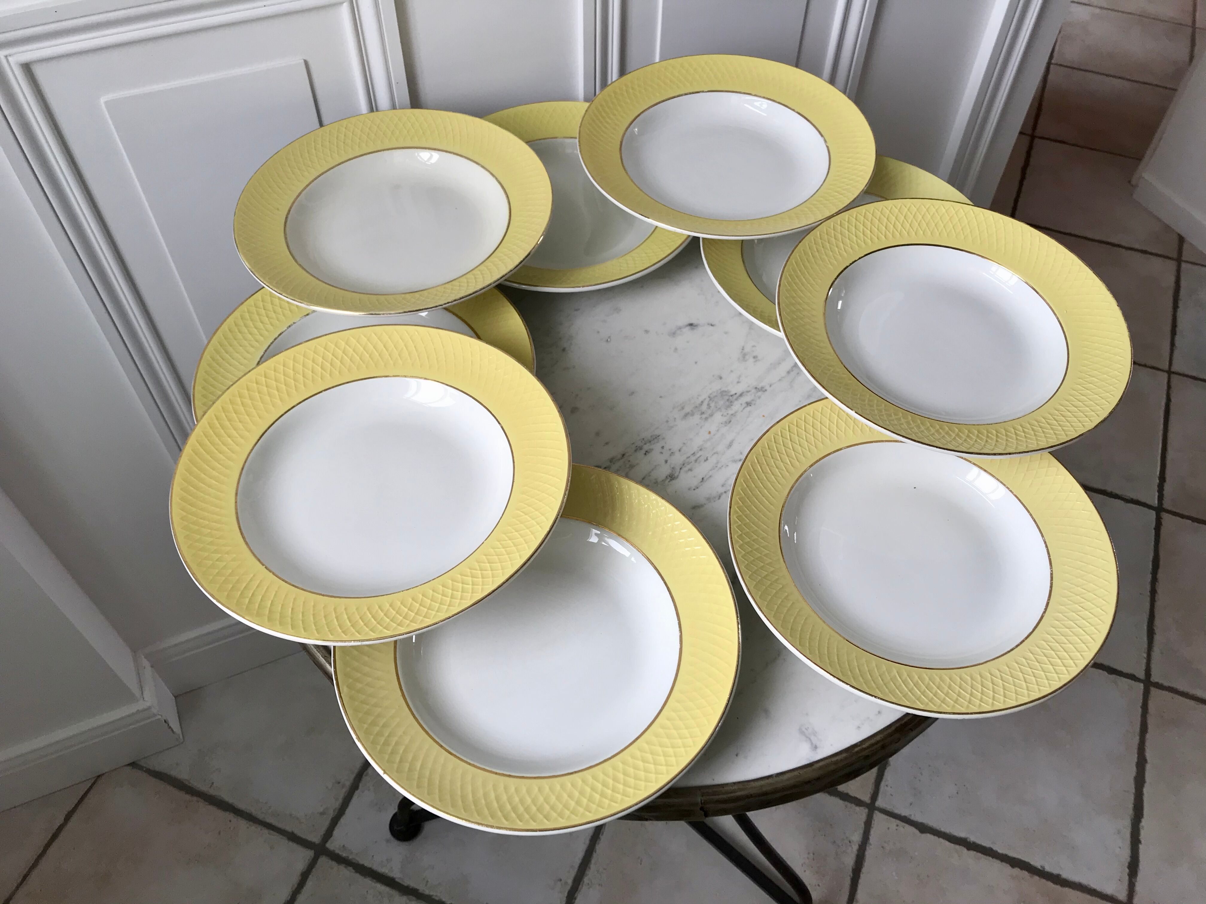 Lot of 9 pastel yellow hollow plates st amand textured 50s-60s