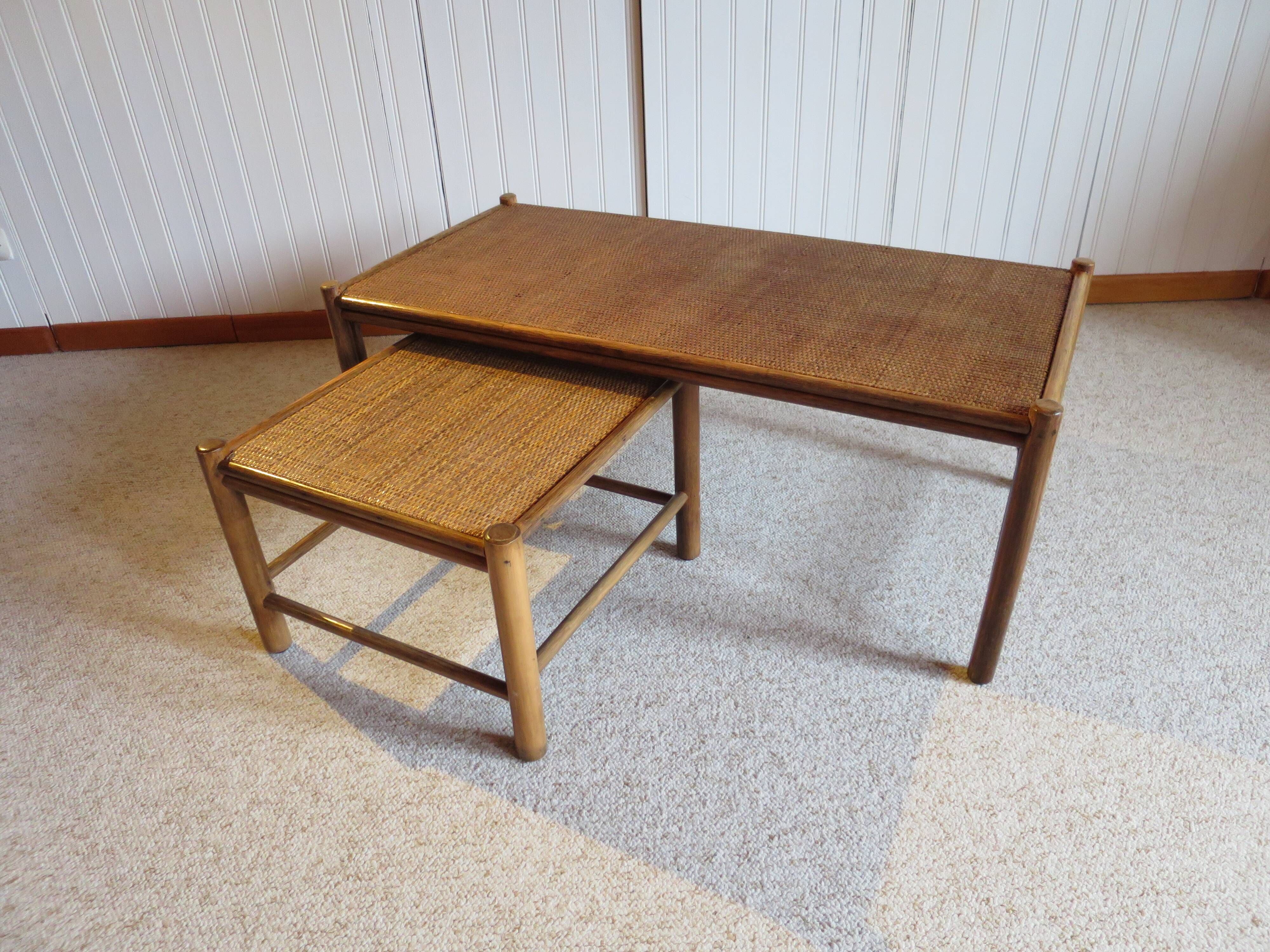 Vintage nesting coffee tables - wood and woven rattan - natural color - 60s