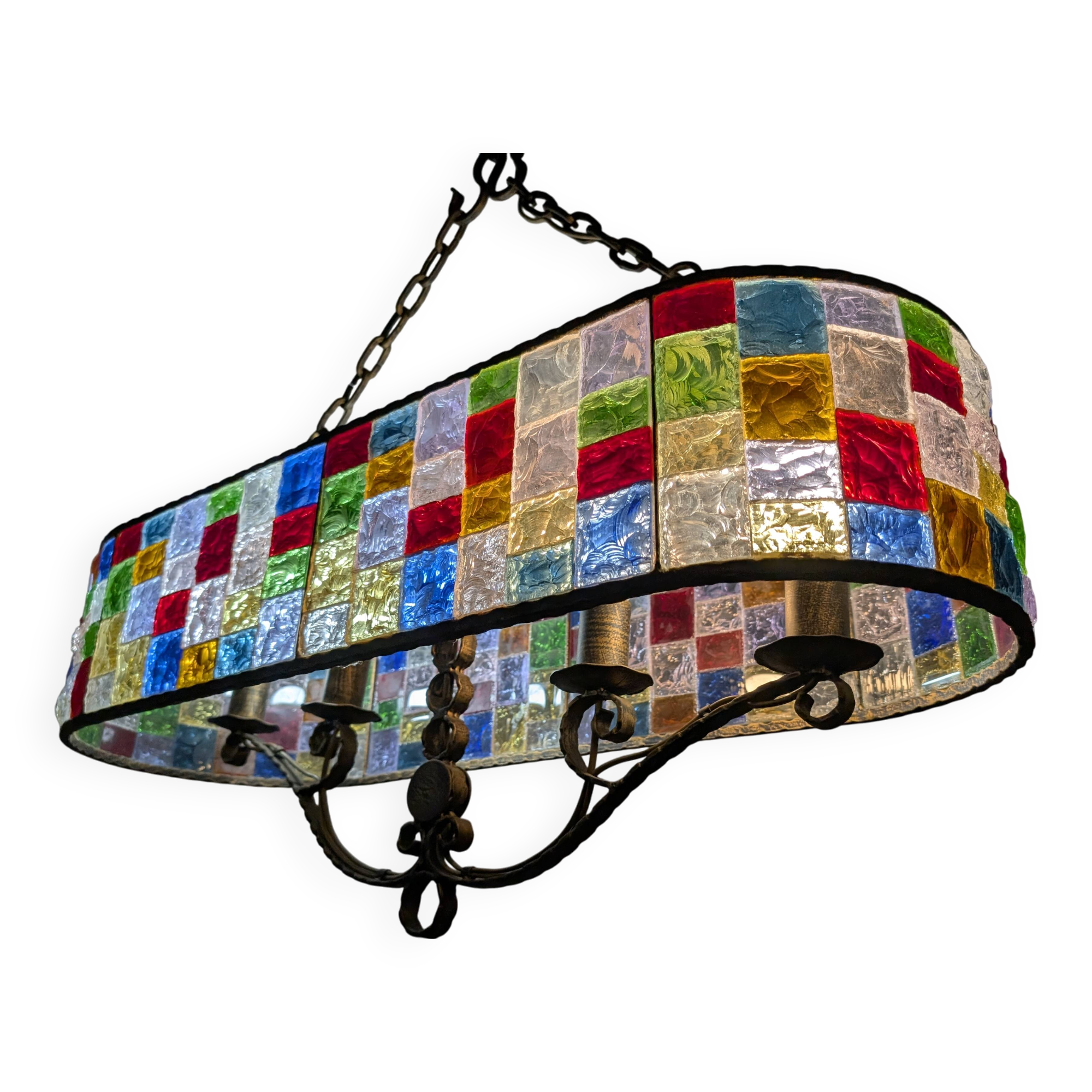Large Italian Multi-Colored Hammered Crystal and Wrought Iron Chandelier