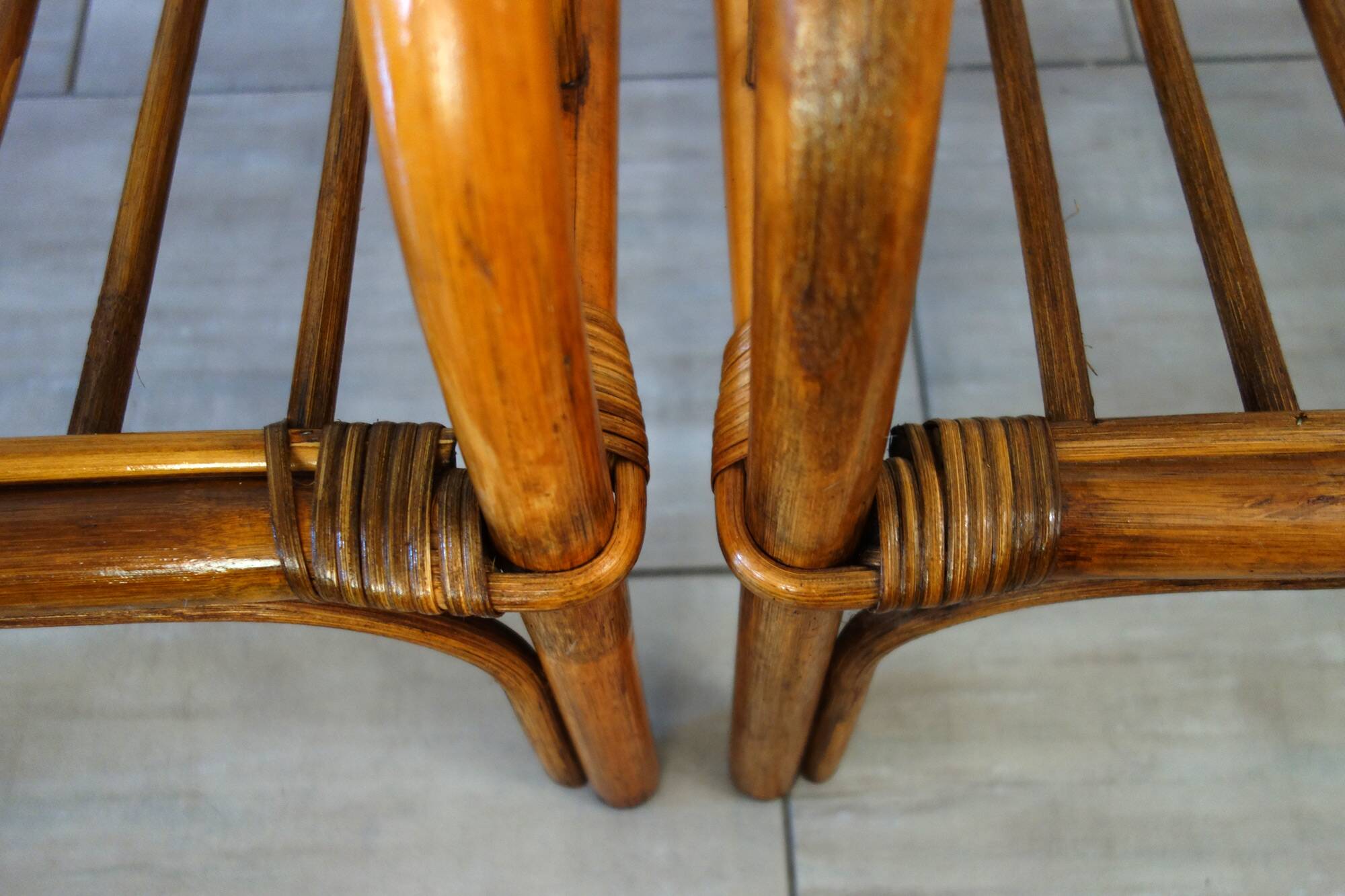 Pair of vintage low armchairs in bamboo and rattan