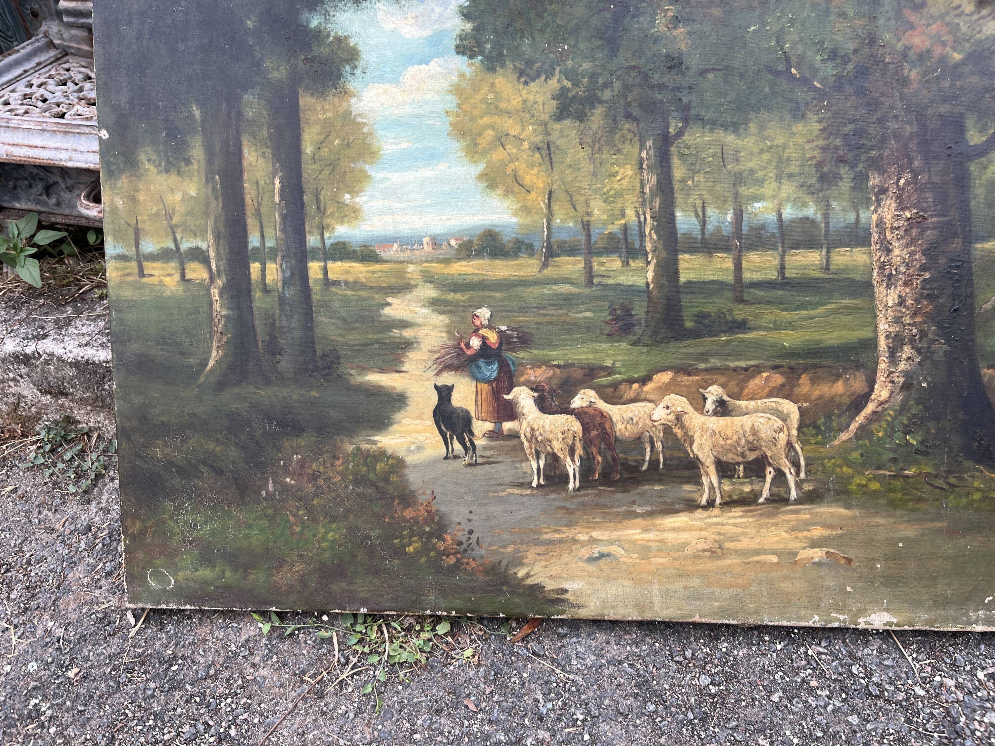 Antique painting 19th century – pastoral scene with shepherdess and sheep, signed P. Oudi