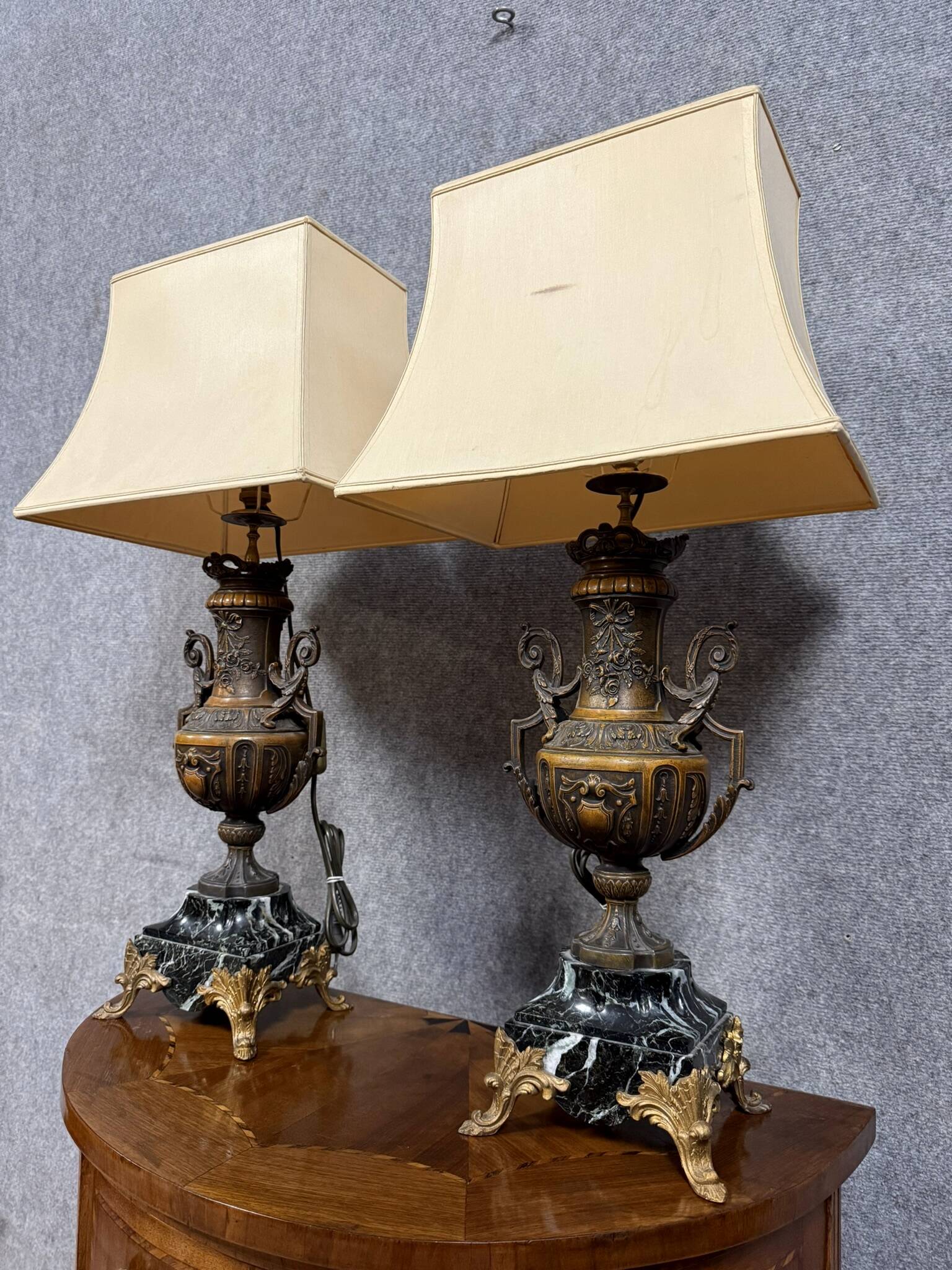 Pair of Napoleon III period lamps in patinated spelter, circa 1880