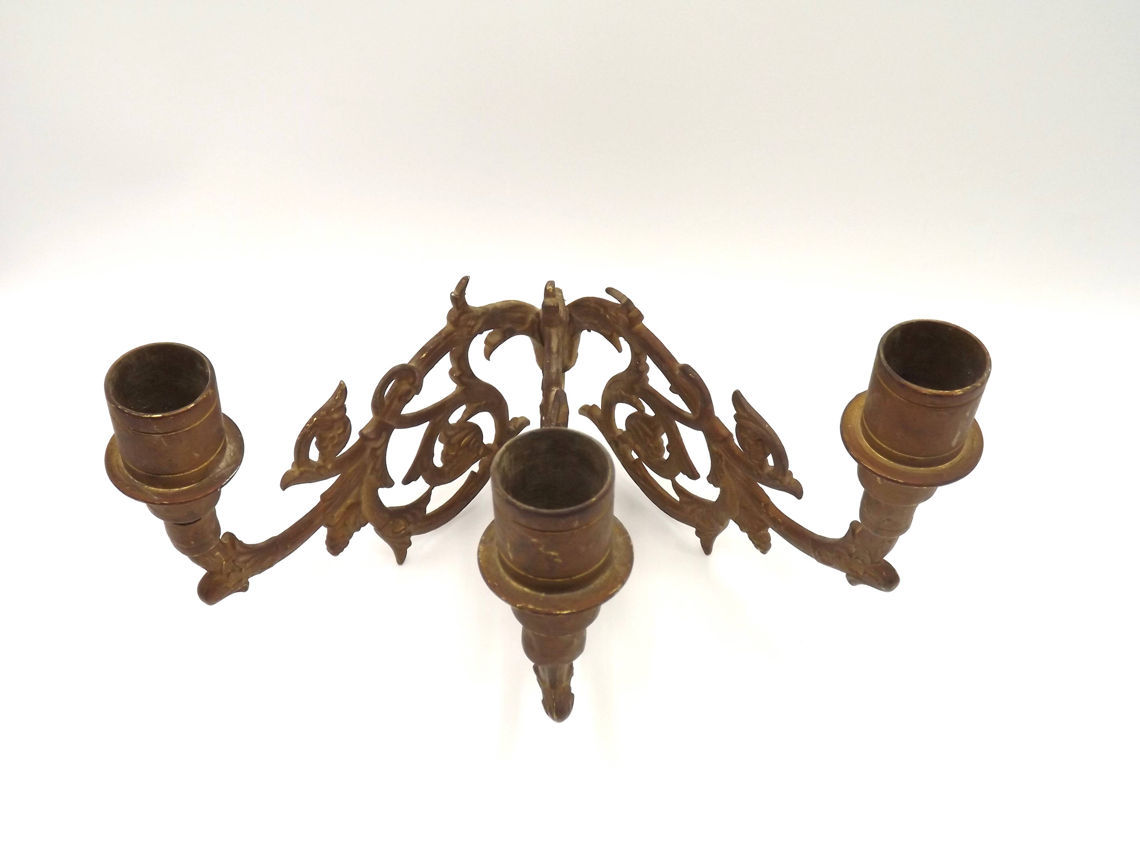 Stunning Pair of Large Antique 3-Arm Gilt Bronze Piano Sconce Candle Holders 4916