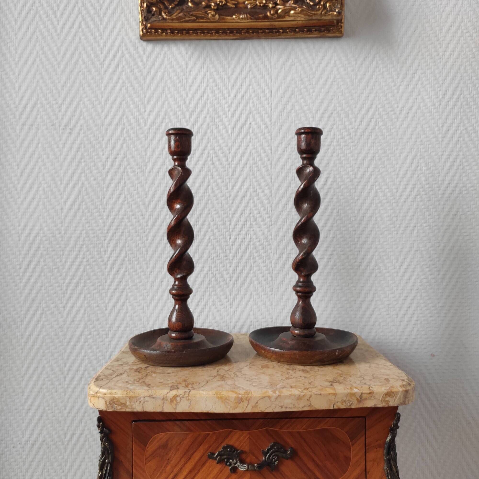Pair of antique English turned wood candlesticks