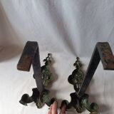 Old bronze chenets fireplace log holder pair