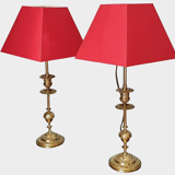 Duo of lamps in brass red lampshade