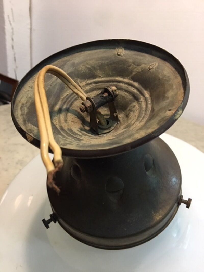 Ancient copper and opaline 1960 ceiling lamp