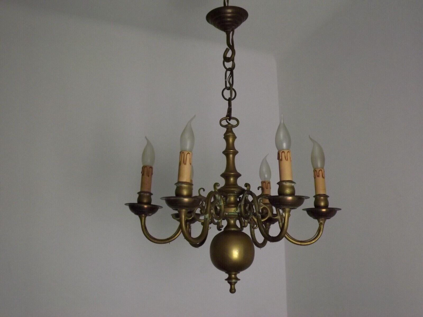 Vintage French 6 Light Heavy Brass Flemish Style Chandelier Card Drips 4050