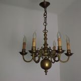Vintage French 6 Light Heavy Brass Flemish Style Chandelier Card Drips 4050