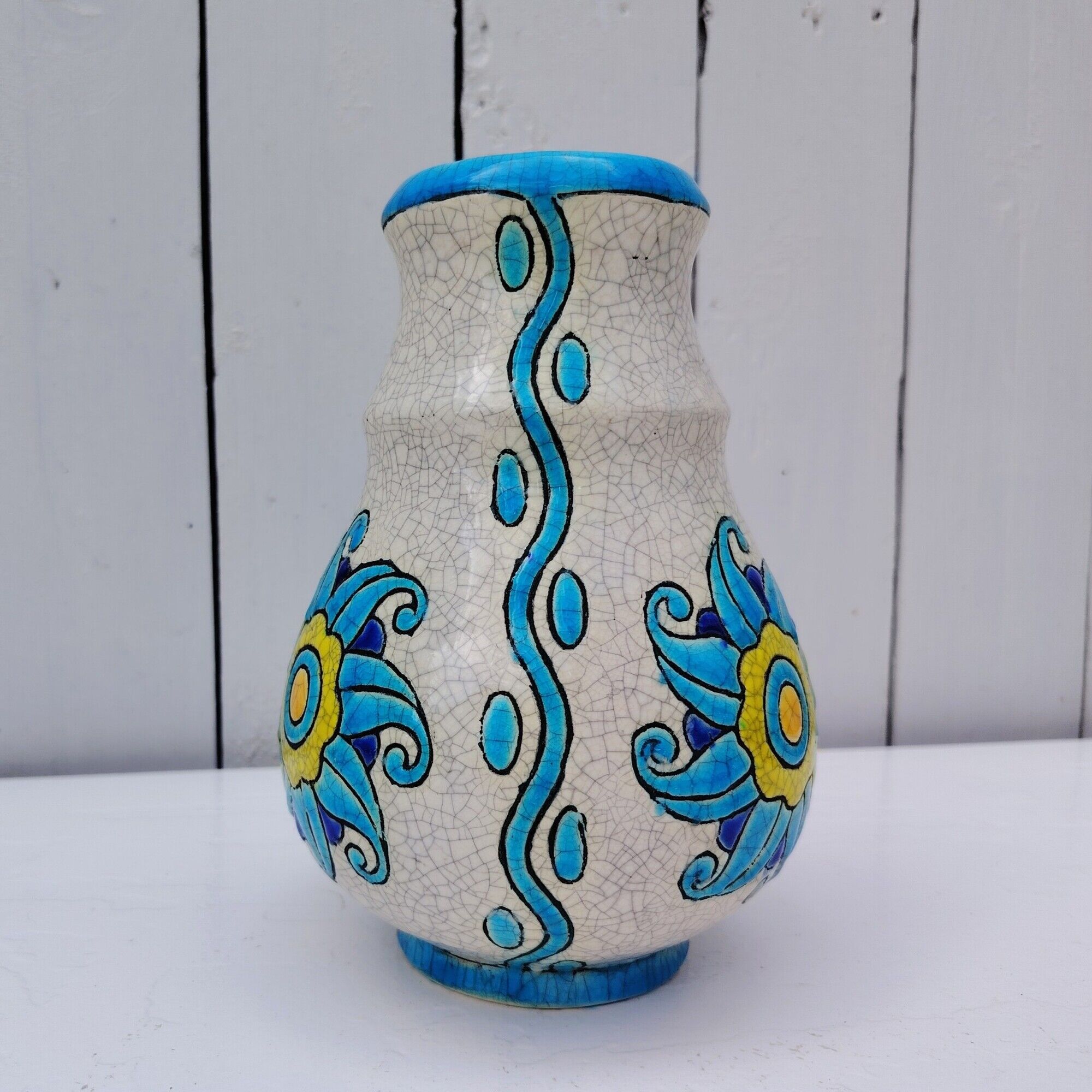 Glazed earthenware vase, floral/sun decoration, Catteau, Boch