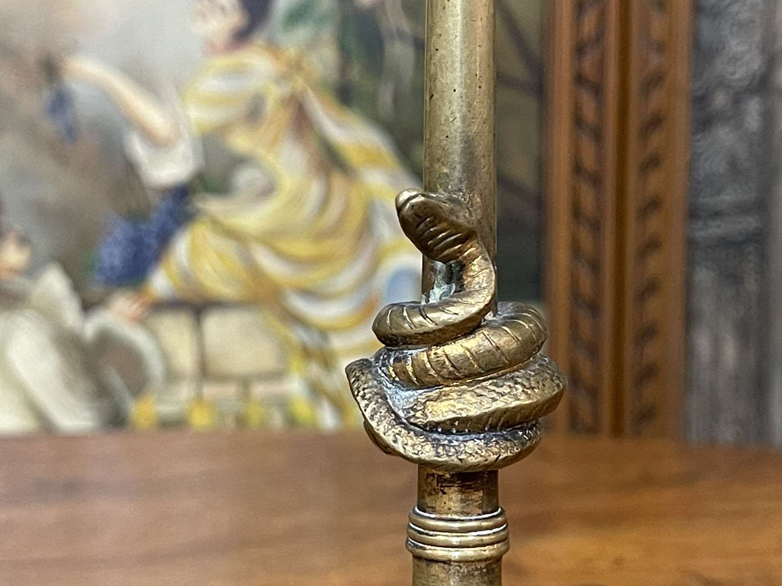 Pair of bronze candle holders XIXth decoration snakes