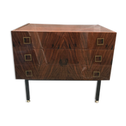 Lacquered 3-drawer chest with rosewood veneer.
