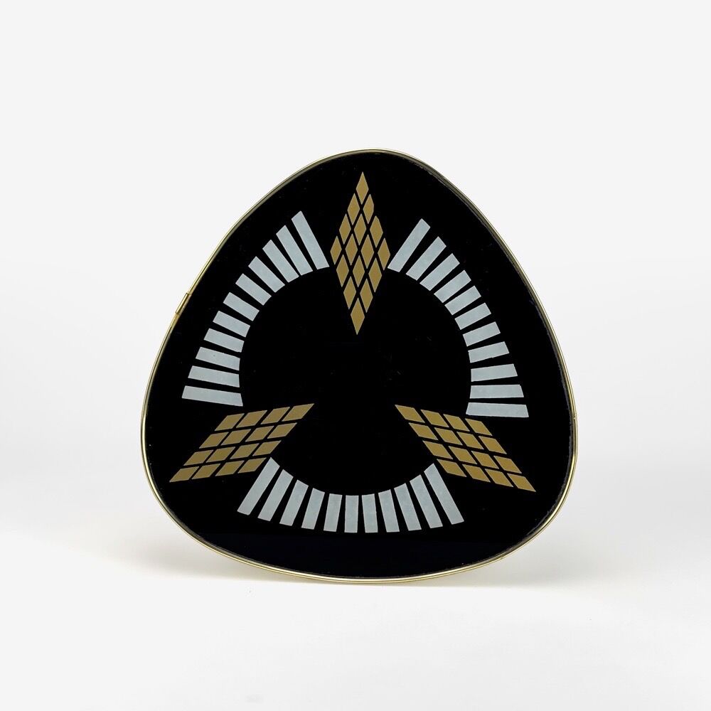 Pedestal table tripod glass wood and brass graphic patterns 50s