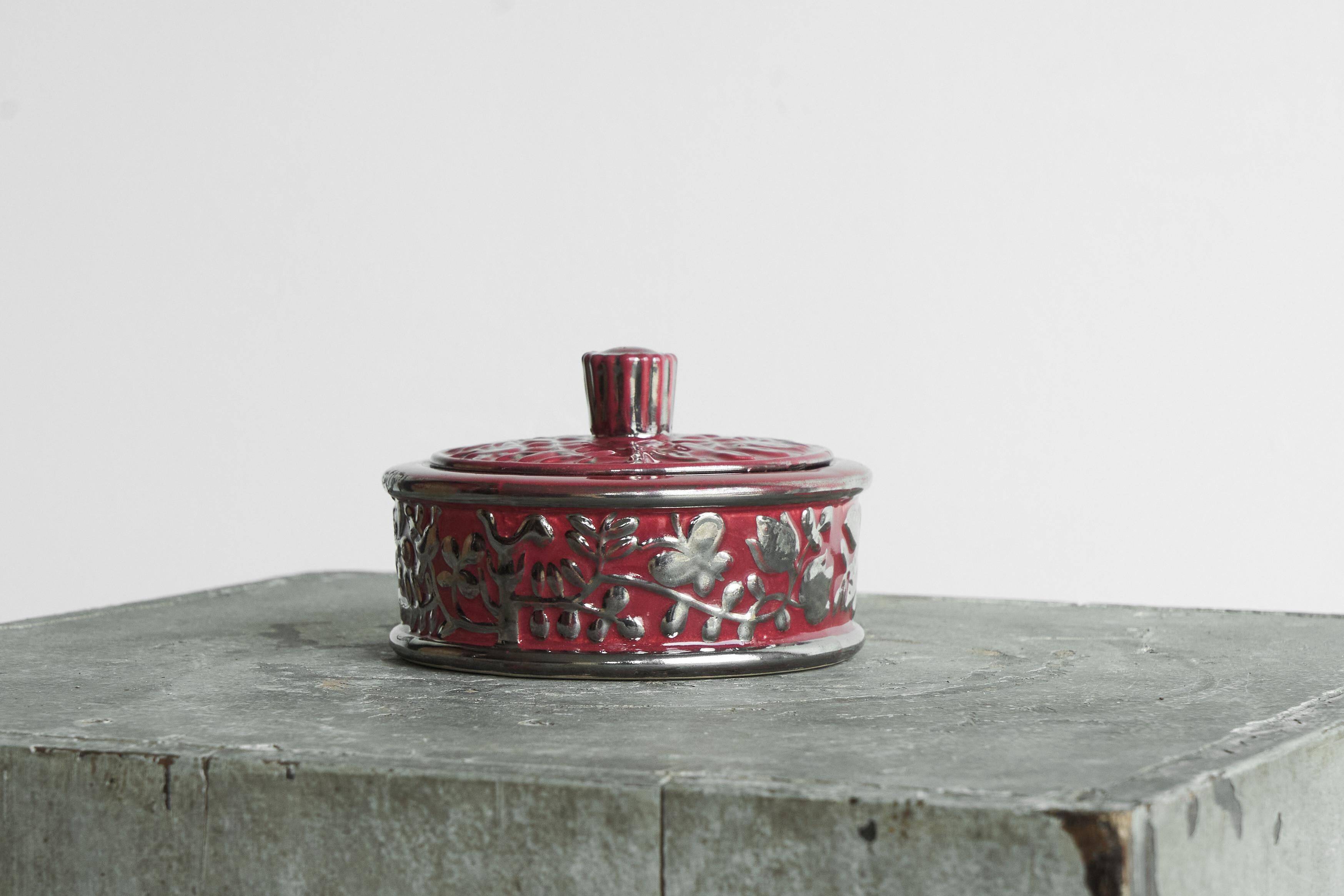 Boch Frères Keramis Rosa bowl with lid, flowers and butterflies in silver glaze.