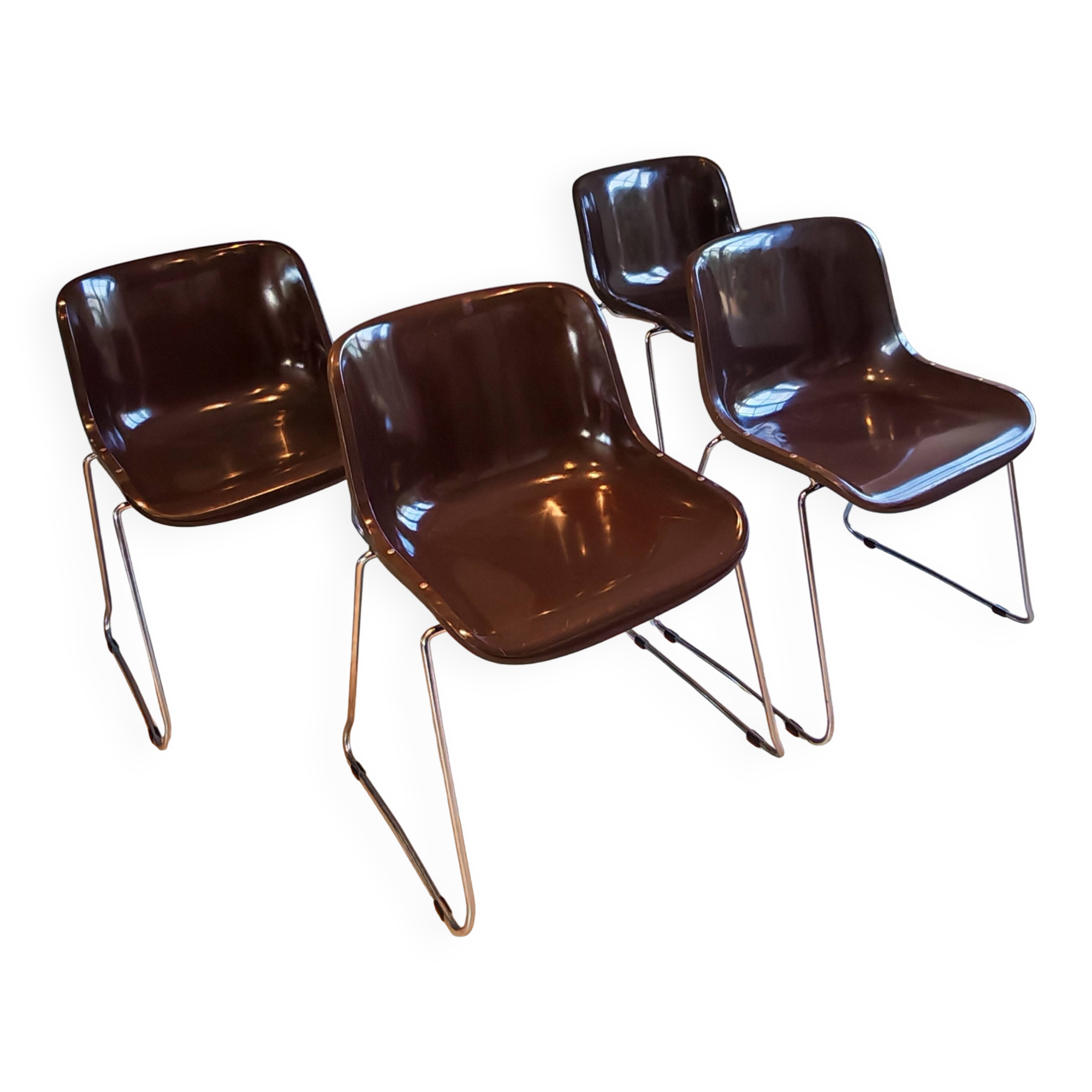 4 Vintage Space Age Chocolate Brown & Chrome Chairs 1970