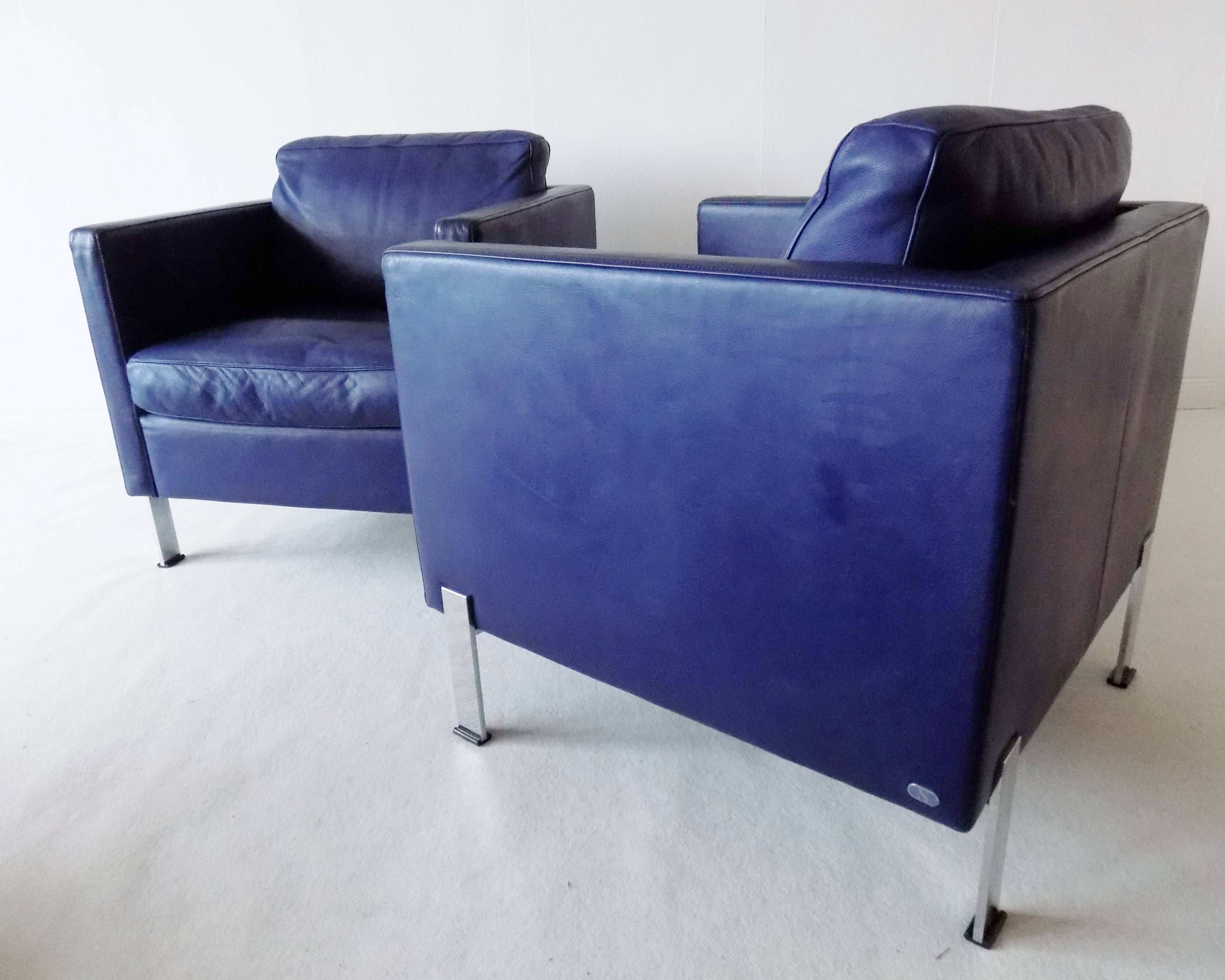 De Sede DS118 pair of blue leather club chairs