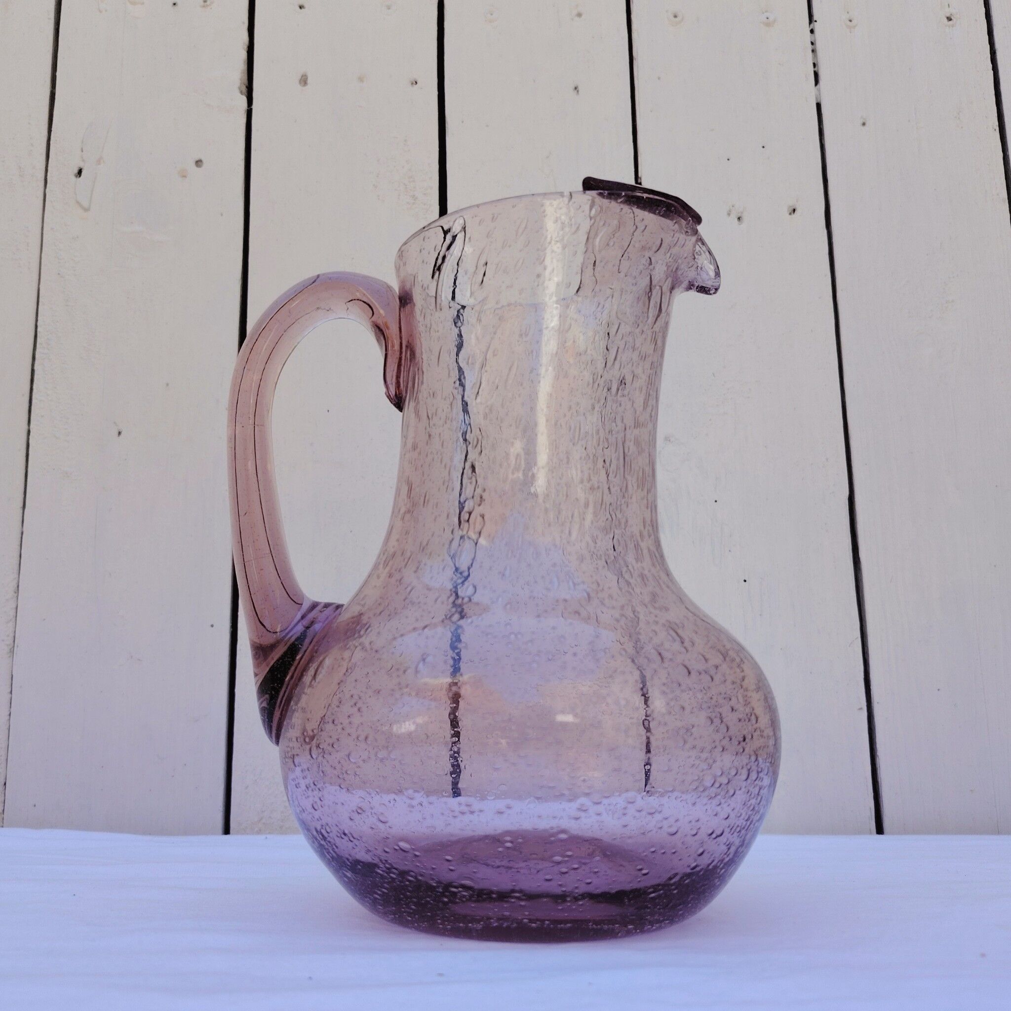 Blown glass pitcher with bubbles, Biot glassware style, vintage.