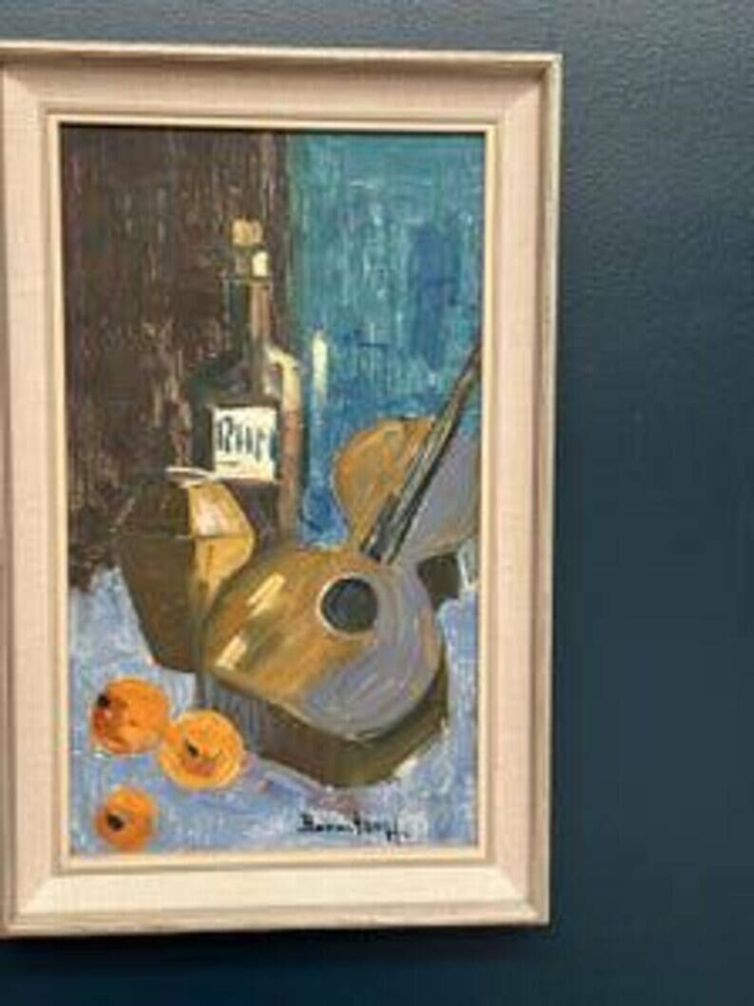 Original Swedish Oil on Canvas – "Guitar and Rum" – Signed – Vintage and Framed – 53 × 34 cm (20.9" × 13.4")