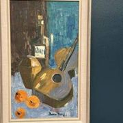 Original Swedish Oil on Canvas – "Guitar and Rum" – Signed – Vintage and Framed – 53 × 34 cm (20.9" × 13.4")