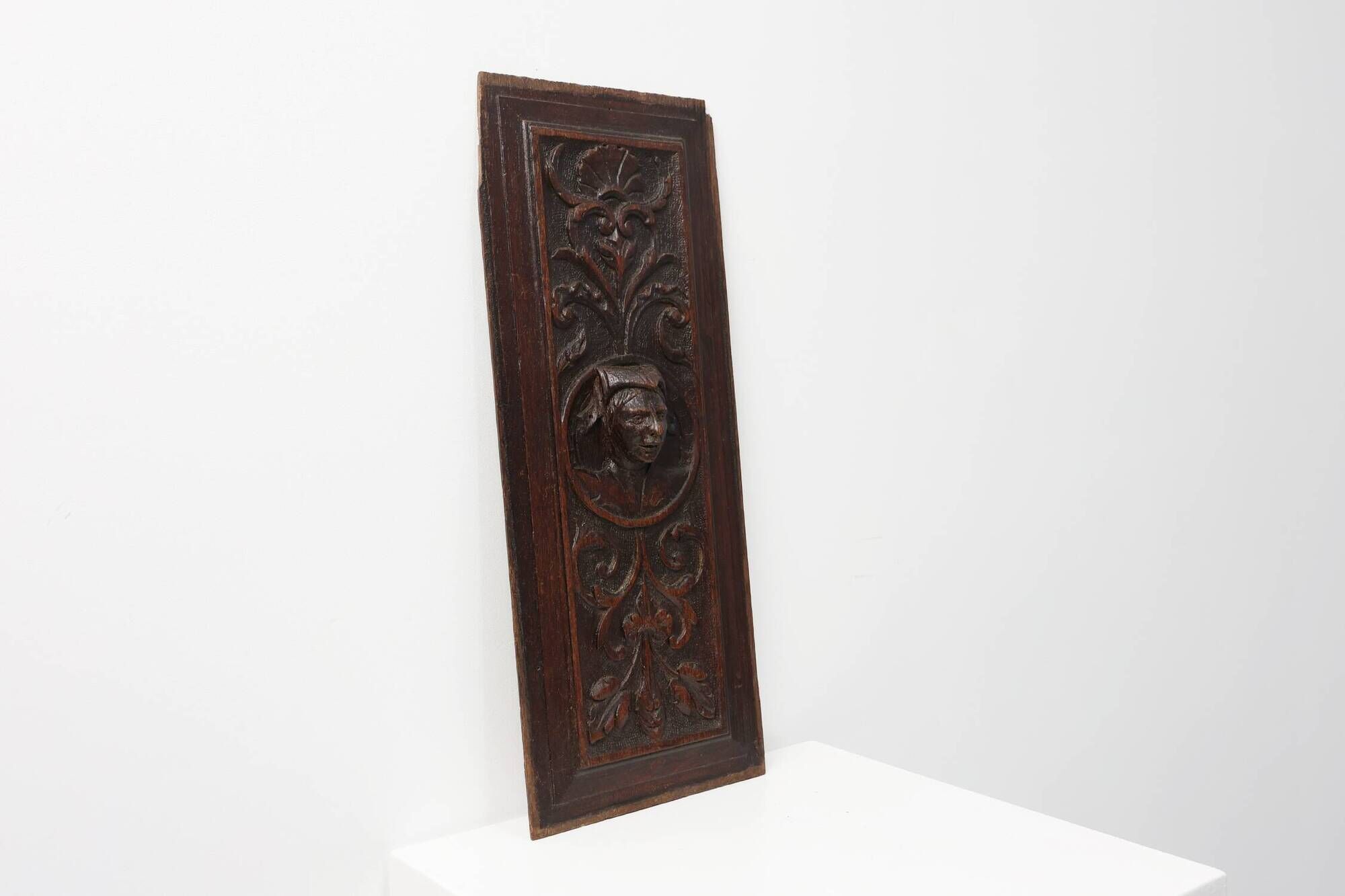 Flemish Renaissance Carved Oak Panel with Female Portrait Medallion