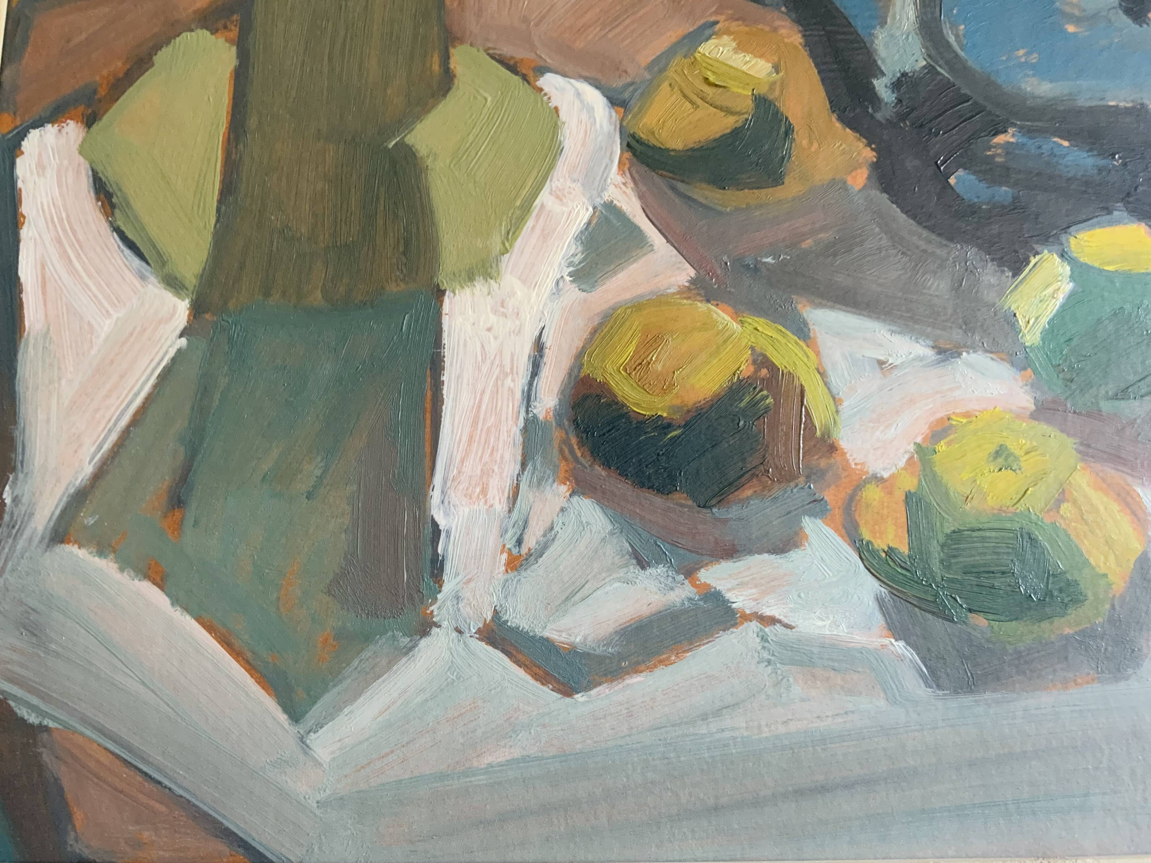 Original Modernist artwork still life with fruits and blue teapot 1950s