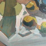 Oeuvre moderniste originale nature morte avec des fruits et une théière bleue des années 1950