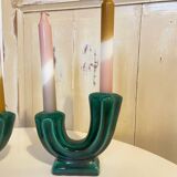 Pair of Art Deco Double Candlesticks in Emerald Green Ceramic - 1950s Vallauris Style