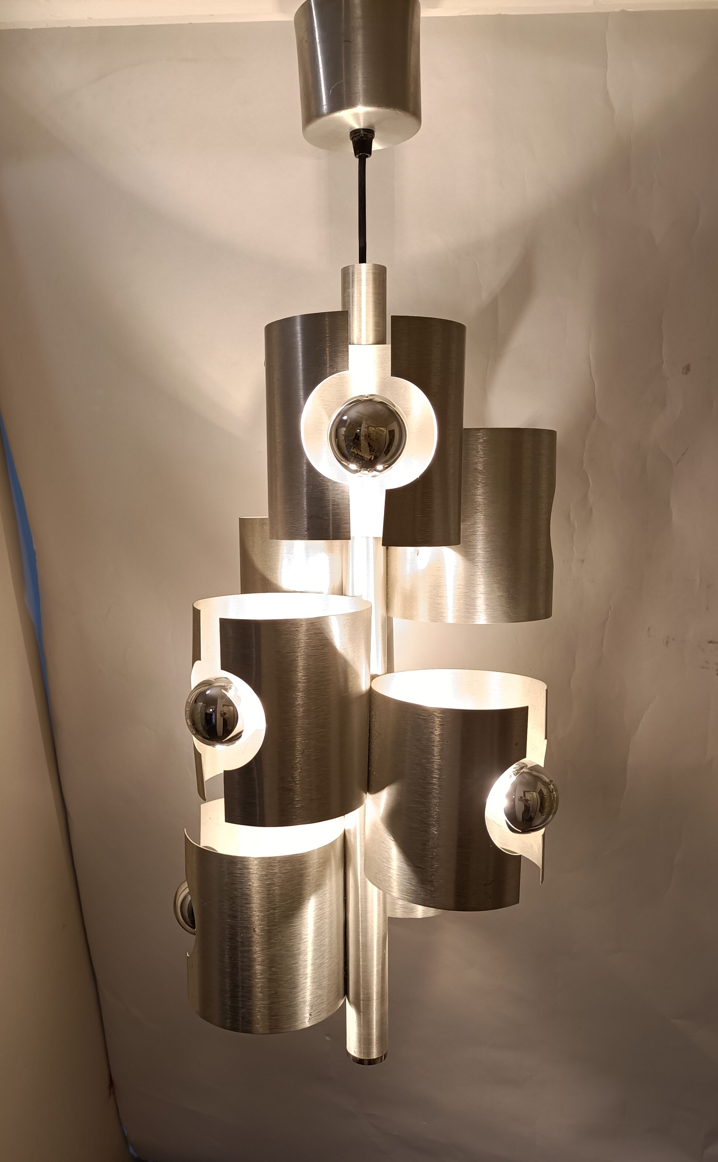 Chandelier with 7 lights in brushed aluminum, Italy 1970 Vintage