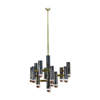 Exquisite Sciolari  Brass and Black Pearl Chandelier, Italy 1970s