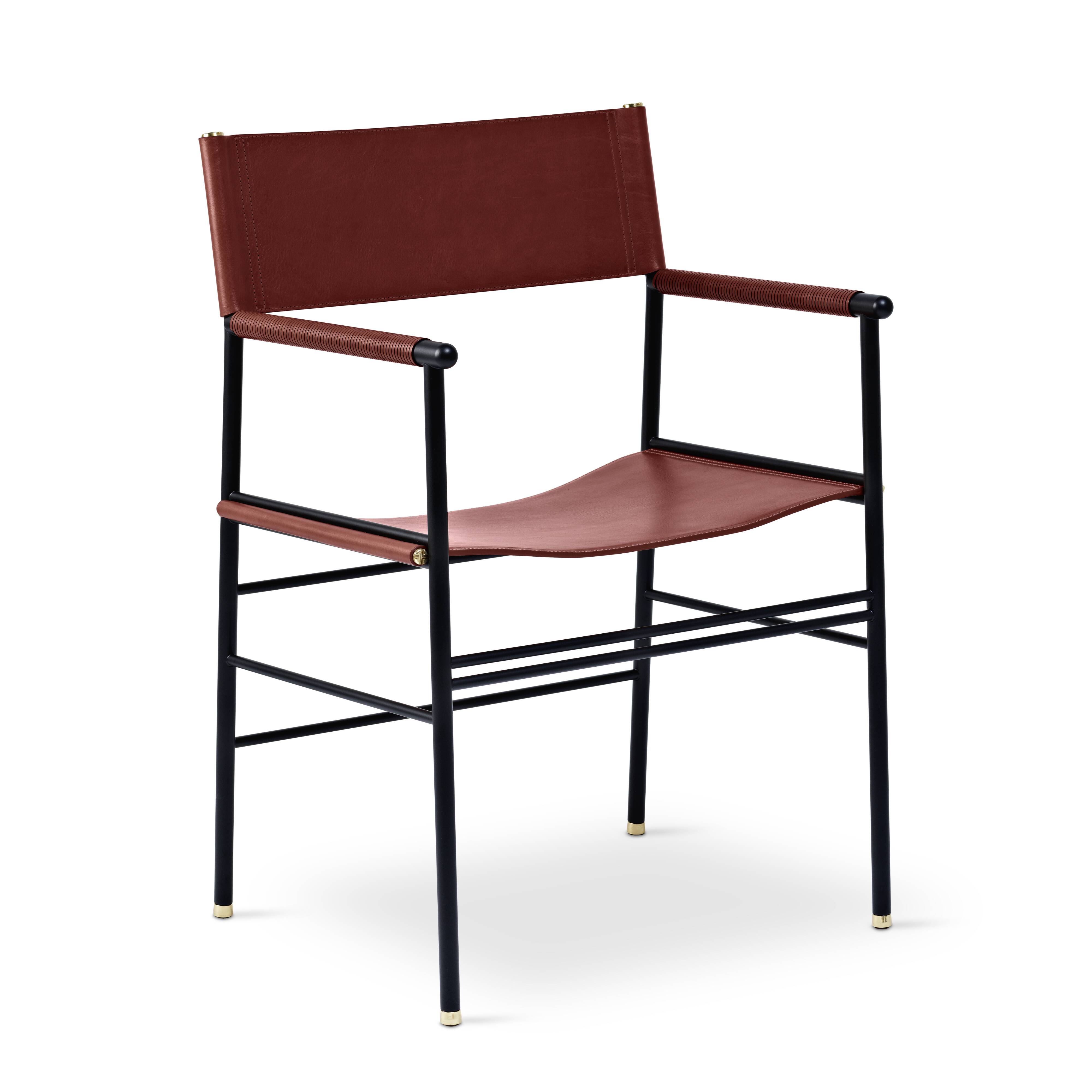 By contemporary classic bar stool with cognac leather backrest, black rubber, metal.