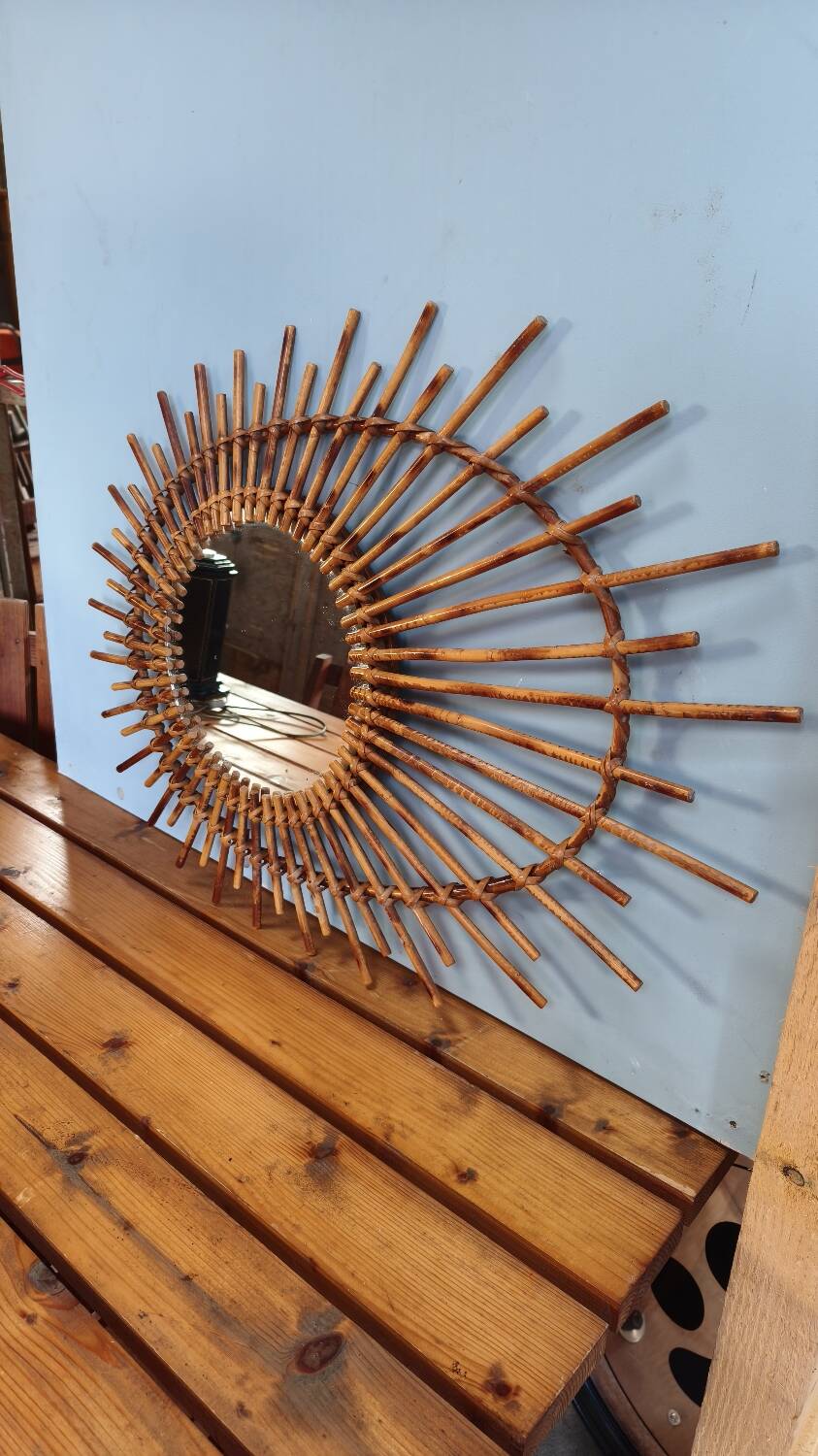 Asymmetrical sun mirror in rattan - vintage 1960s