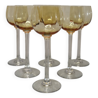 6 amber crystal wine glasses