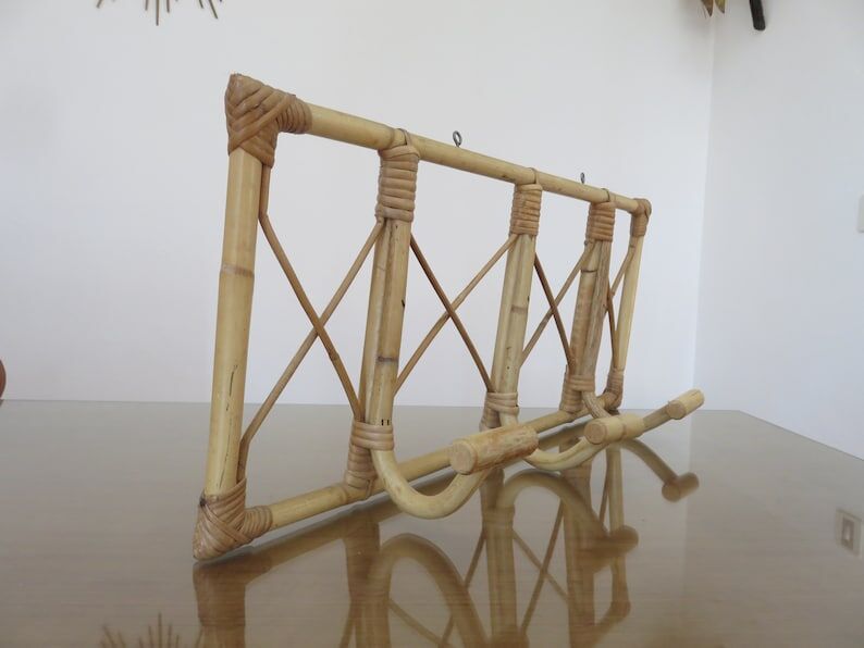 Bamboo rattan coat rack, 3 hooks 70s
