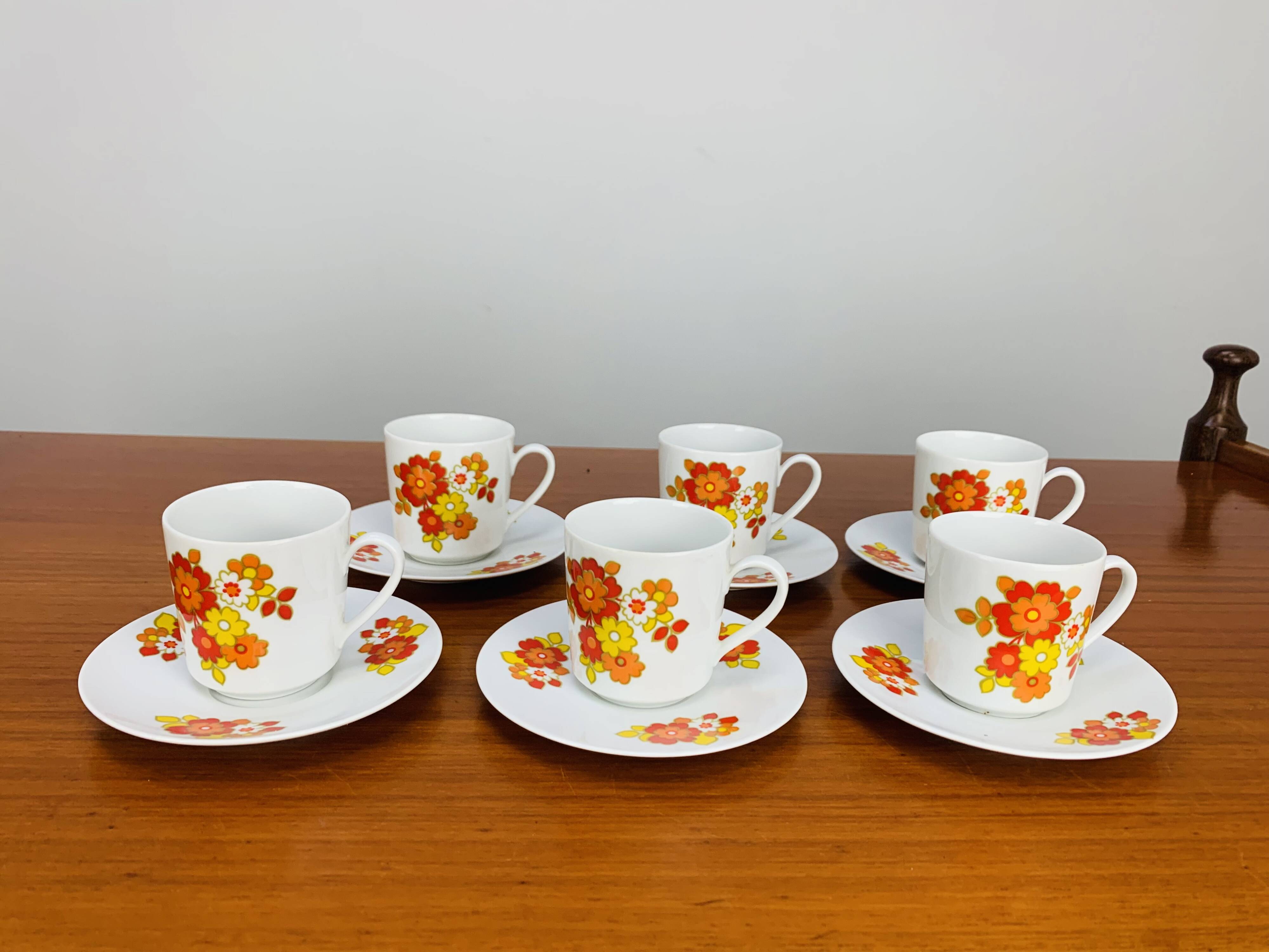 Tea and dessert set of 6 cups, German porcelain, flowers, 70s