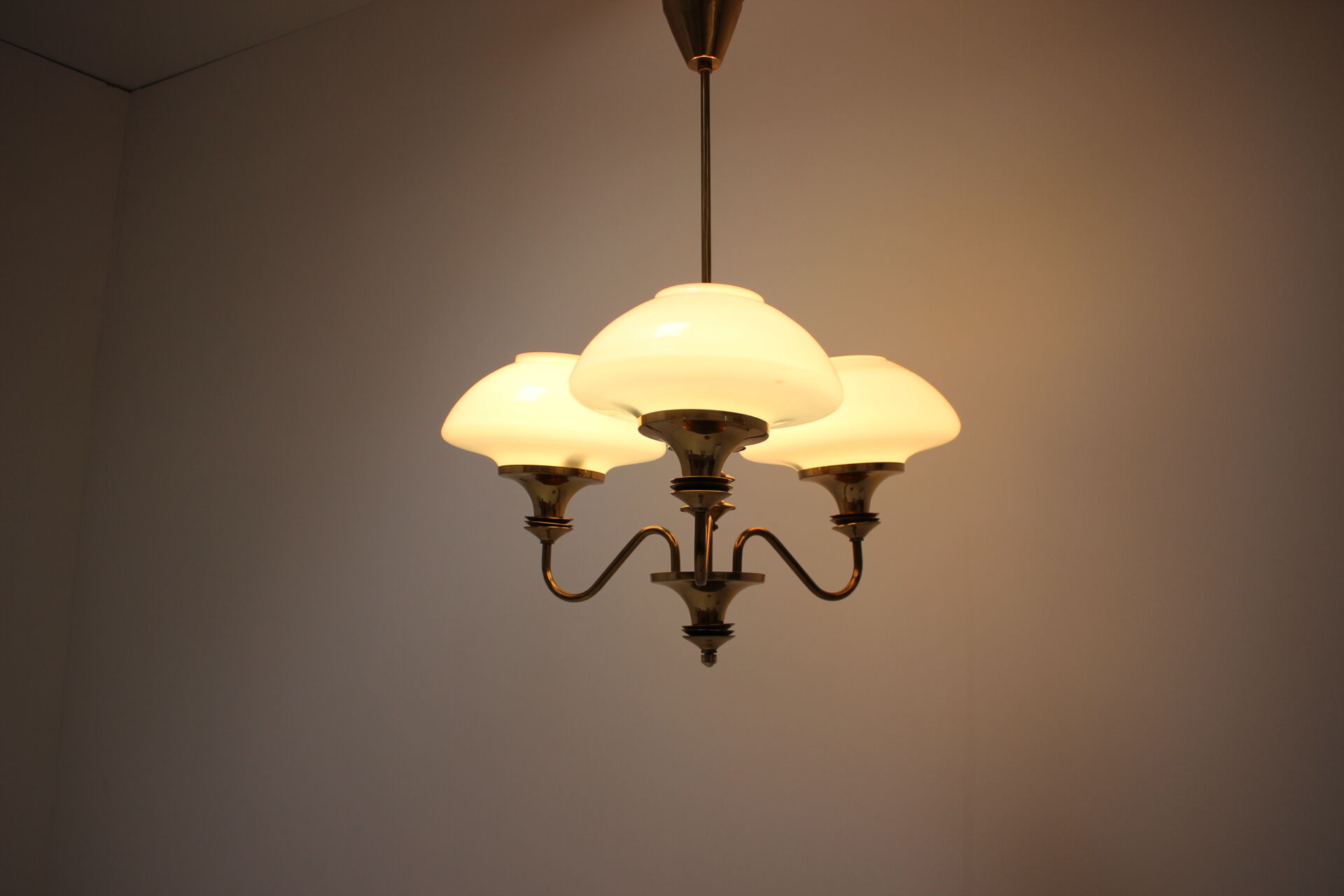 Mid-Century Brass Chandelier, Czechoslovakia, 1970s, Made in Jablonec Glassworks