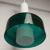 Suspension vintage en 2 élements opaline blanche et verre transparent vert