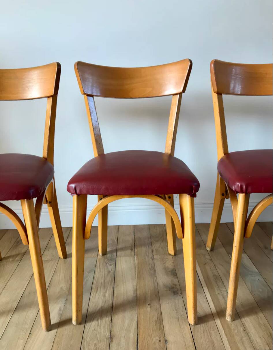 Set of 6 Luterma bistro chairs in blond wood and skaï 50s